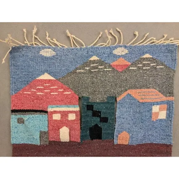 Southwestern Rug Wall Hanging Hand Loomed Woven Landscaping 42x28 Town Scene